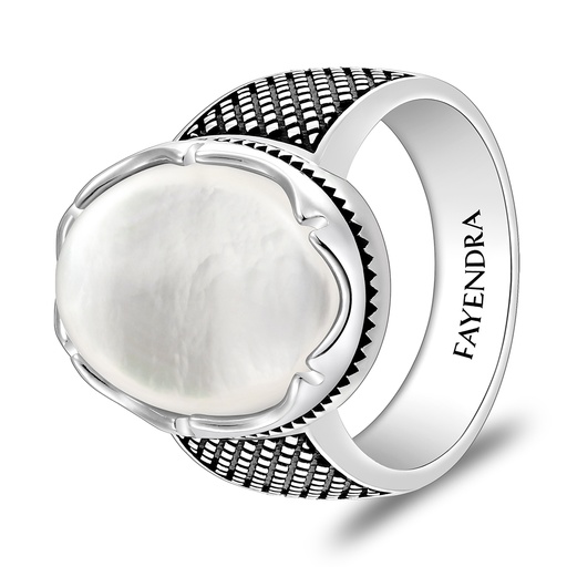 Sterling Silver 925 Ring Rhodium And Black Plated Embedded With White Shell Cabochon For Men