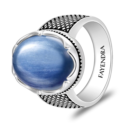 Sterling Silver 925 Ring Rhodium And Black Plated Embedded With Natural Kyanite Cabochon For Men