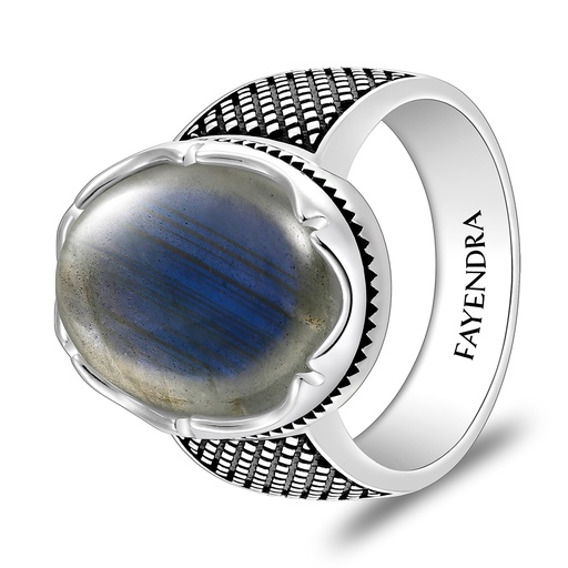 Sterling Silver 925 Ring Rhodium And Black Plated Embedded With Labradorite Opal Cabochon For Men