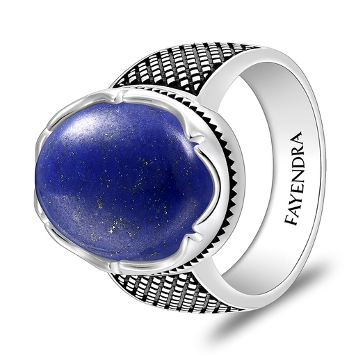 Sterling Silver 925 Ring Rhodium And Black Plated Embedded With Lapis Cabochon For Men