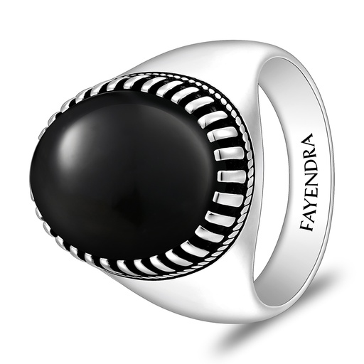 Sterling Silver 925 Ring Rhodium And Black Plated Embedded With Natural Black Agate Cabochon For Men