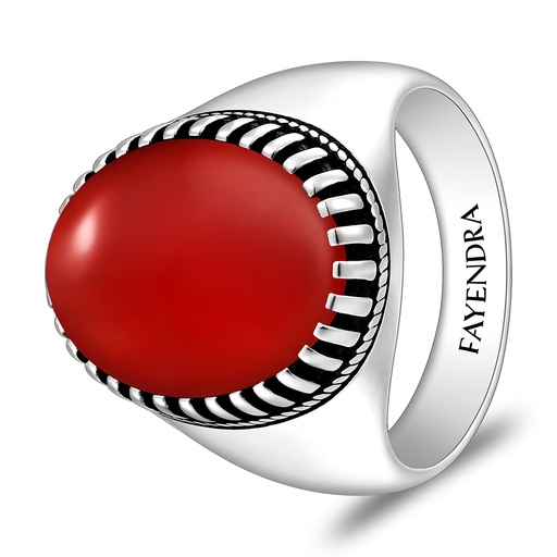 Sterling Silver 925 Ring Rhodium And Black Plated Embedded With Red Agate Cabochon For Men