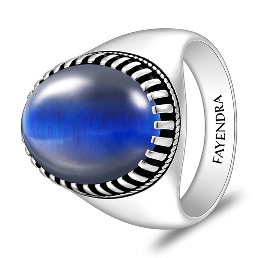 Sterling Silver 925 Ring Rhodium And Black Plated Embedded With Blue Tiger Eye Cabochon For Men
