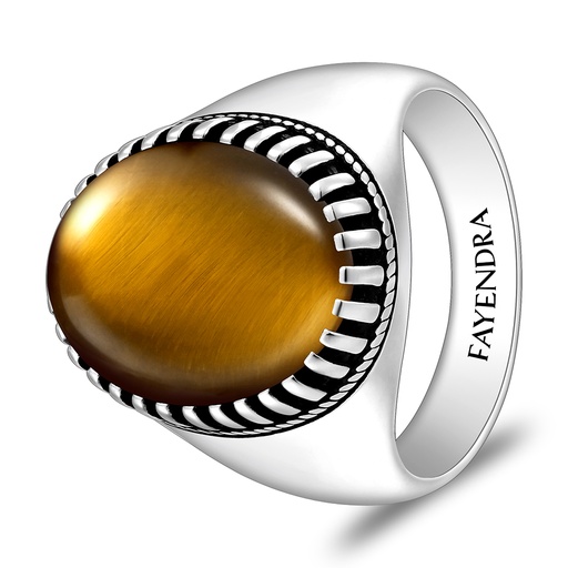 Sterling Silver 925 Ring Rhodium And Black Plated Embedded With Yellow Tiger Eye Cabochon For Men
