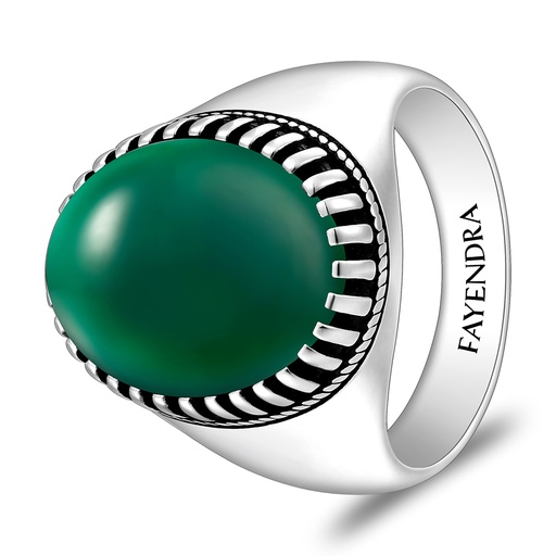 Sterling Silver 925 Ring Rhodium And Black Plated Embedded With Green Agate Cabochon For Men