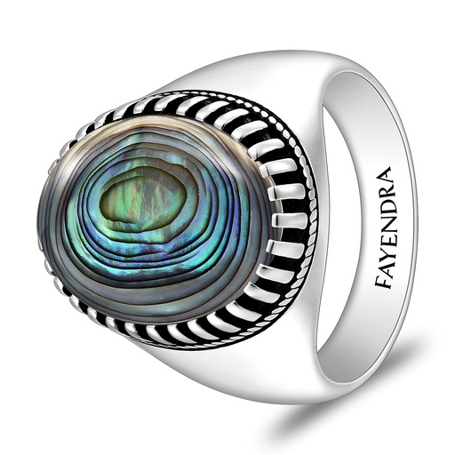 Sterling Silver 925 Ring Rhodium And Black Plated Embedded With Blue Shell Cabochon For Men