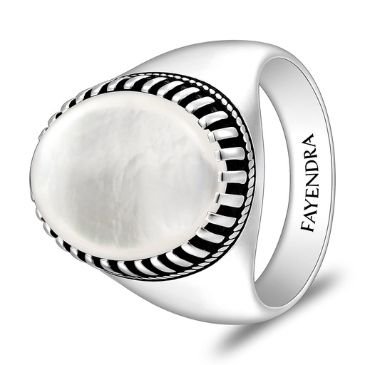 Sterling Silver 925 Ring Rhodium And Black Plated Embedded With White Shell Cabochon For Men