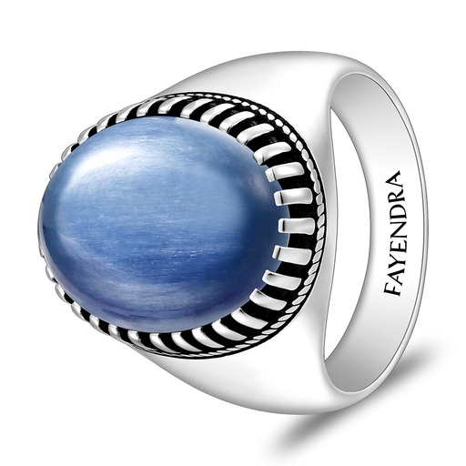 Sterling Silver 925 Ring Rhodium And Black Plated Embedded With Natural Kyanite Cabochon For Men