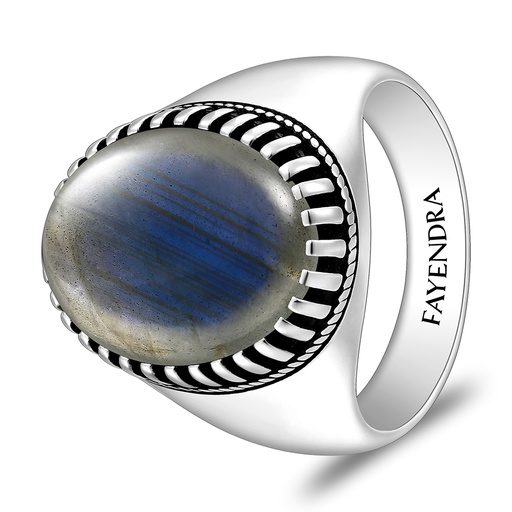 Sterling Silver 925 Ring Rhodium And Black Plated Embedded With Labradorite Opal Cabochon For Men