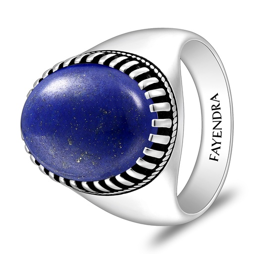 Sterling Silver 925 Ring Rhodium And Black Plated Embedded With Lapis Cabochon For Men