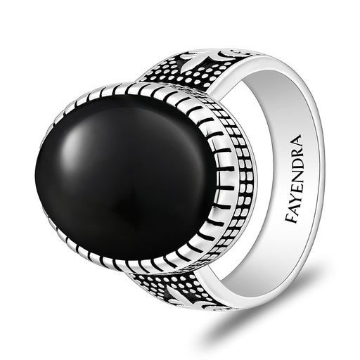 Sterling Silver 925 Ring Rhodium And Black Plated Embedded With Natural Black Agate Cabochon For Men