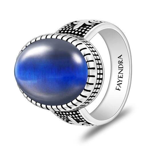 Sterling Silver 925 Ring Rhodium And Black Plated Embedded With Blue Tiger Eye Cabochon For Men
