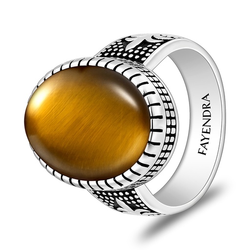 Sterling Silver 925 Ring Rhodium And Black Plated Embedded With Yellow Tiger Eye Cabochon For Men
