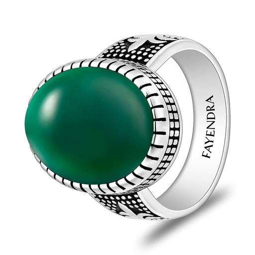 Sterling Silver 925 Ring Rhodium And Black Plated Embedded With Green Agate Cabochon For Men