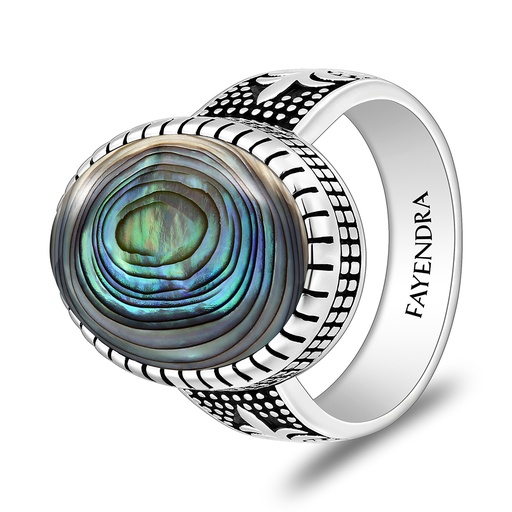 Sterling Silver 925 Ring Rhodium And Black Plated Embedded With Blue Shell Cabochon For Men