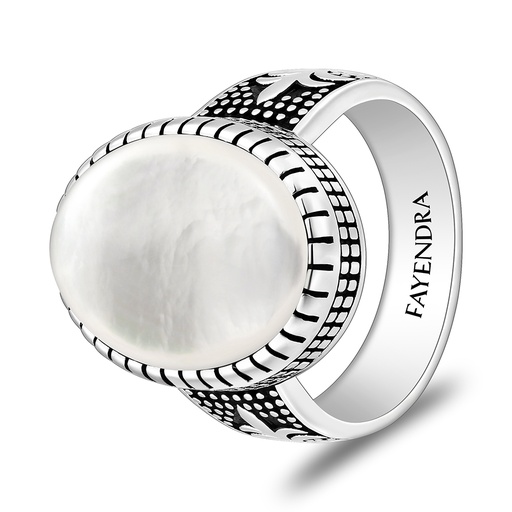 Sterling Silver 925 Ring Rhodium And Black Plated Embedded With White Shell Cabochon For Men