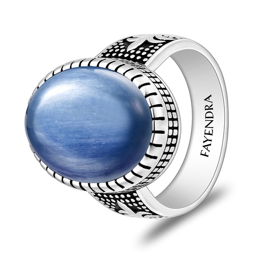 Sterling Silver 925 Ring Rhodium And Black Plated Embedded With Natural Kyanite Cabochon For Men