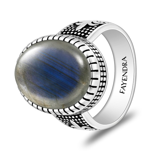 Sterling Silver 925 Ring Rhodium And Black Plated Embedded With Labradorite Opal Cabochon For Men