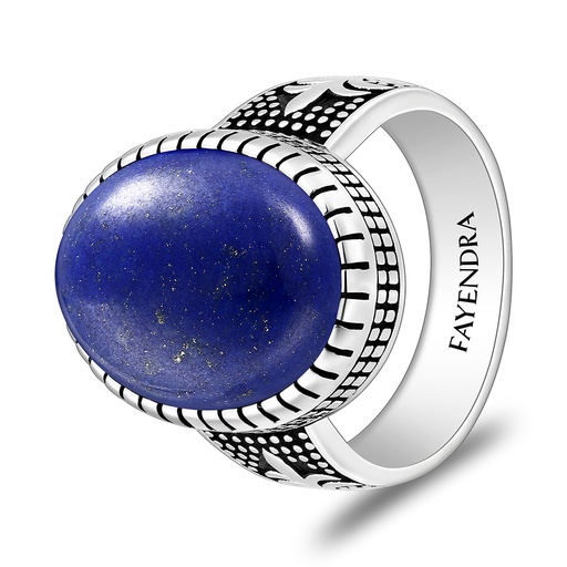 Sterling Silver 925 Ring Rhodium And Black Plated Embedded With Lapis Cabochon For Men