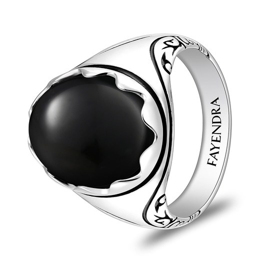 Sterling Silver 925 Ring Rhodium And Black Plated Embedded With Natural Black Agate Cabochon For Men