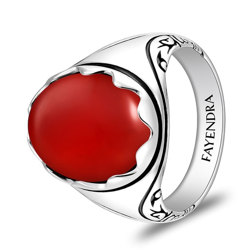 Sterling Silver 925 Ring Rhodium And Black Plated Embedded With Red Agate Cabochon For Men