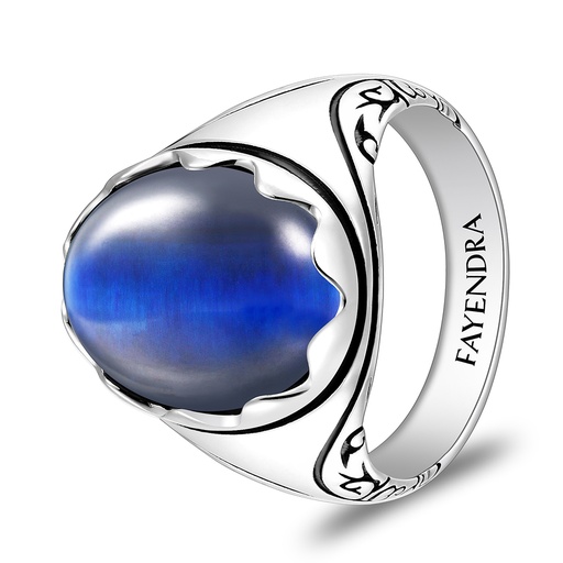 Sterling Silver 925 Ring Rhodium And Black Plated Embedded With Blue Tiger Eye Cabochon For Men