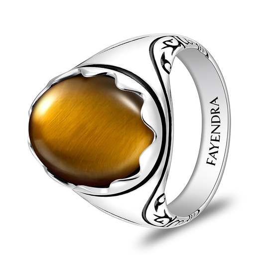 Sterling Silver 925 Ring Rhodium And Black Plated Embedded With Yellow Tiger Eye Cabochon For Men