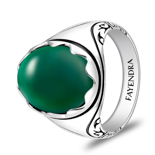 Sterling Silver 925 Ring Rhodium And Black Plated Embedded With Green Agate Cabochon For Men