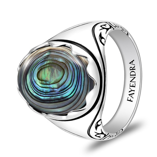 Sterling Silver 925 Ring Rhodium And Black Plated Embedded With Blue Shell Cabochon For Men