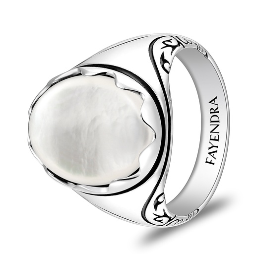 Sterling Silver 925 Ring Rhodium And Black Plated Embedded With White Shell Cabochon For Men