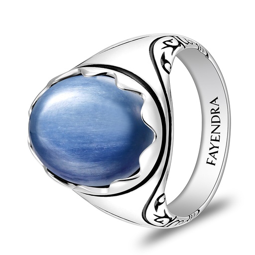 Sterling Silver 925 Ring Rhodium And Black Plated Embedded With Natural Kyanite Cabochon For Men