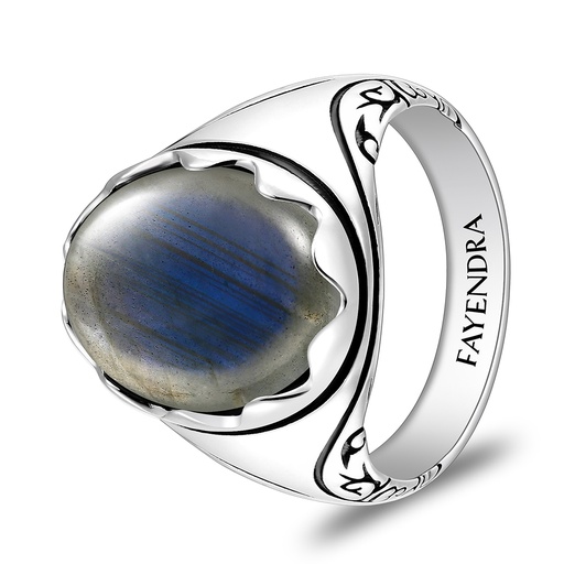 Sterling Silver 925 Ring Rhodium And Black Plated Embedded With Labradorite Opal Cabochon For Men