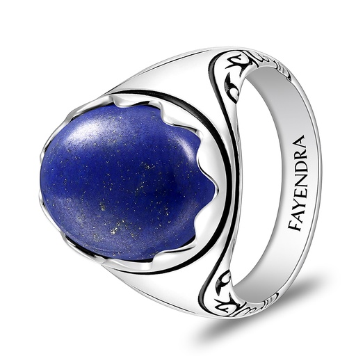 Sterling Silver 925 Ring Rhodium And Black Plated Embedded With Lapis Cabochon For Men
