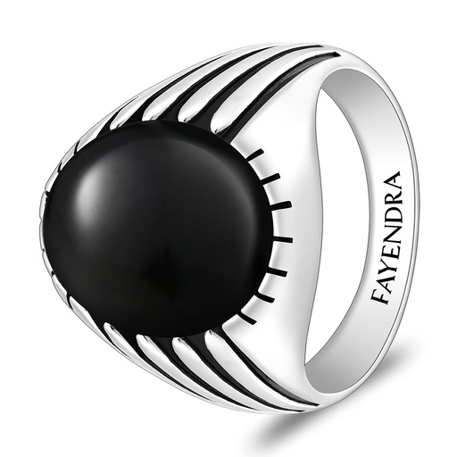 Sterling Silver 925 Ring Rhodium And Black Plated Embedded With Natural Black Agate Cabochon For Men