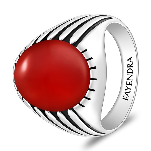 Sterling Silver 925 Ring Rhodium And Black Plated Embedded With Red Agate Cabochon For Men