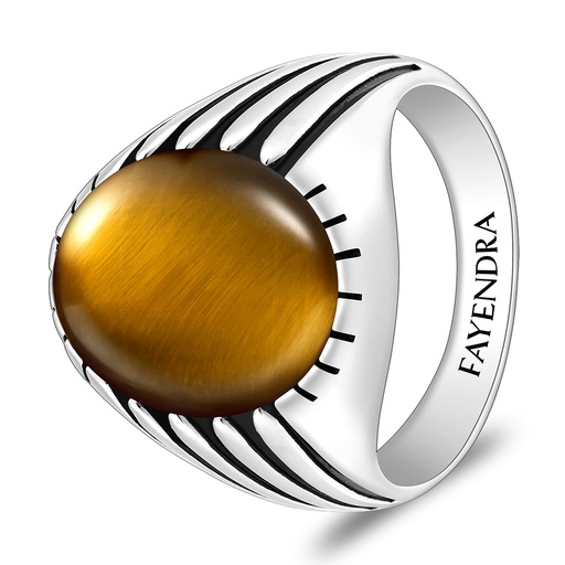 Sterling Silver 925 Ring Rhodium And Black Plated Embedded With Yellow Tiger Eye Cabochon For Men