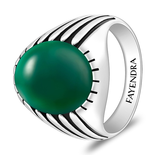 Sterling Silver 925 Ring Rhodium And Black Plated Embedded With Green Agate Cabochon For Men