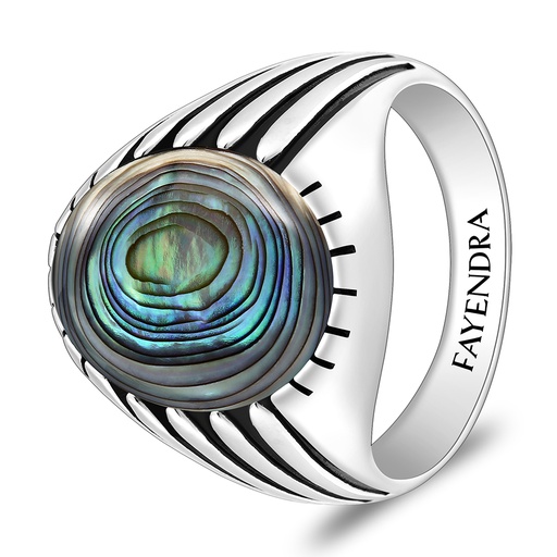 Sterling Silver 925 Ring Rhodium And Black Plated Embedded With Blue Shell Cabochon For Men