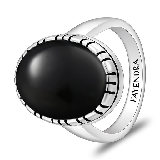 Sterling Silver 925 Ring Rhodium And Black Plated Embedded With Natural Black Agate Cabochon For Men
