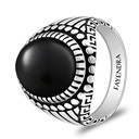Sterling Silver 925 Ring Rhodium And Black Plated Embedded With Natural Black Agate Cabochon For Men