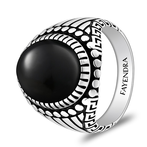 Sterling Silver 925 Ring Rhodium And Black Plated Embedded With Natural Black Agate Cabochon For Men
