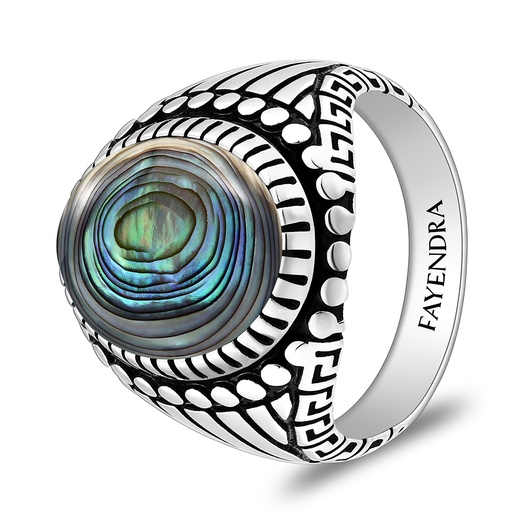 Sterling Silver 925 Ring Rhodium And Black Plated Embedded With Blue Shell Cabochon For Men