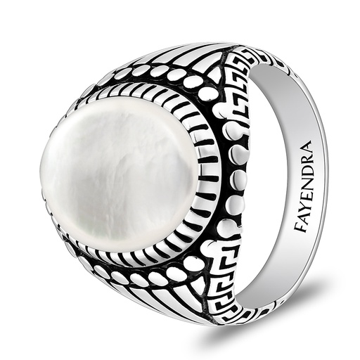 Sterling Silver 925 Ring Rhodium And Black Plated Embedded With White Shell Cabochon For Men