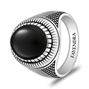 Sterling Silver 925 Ring Rhodium And Black Plated Embedded With Natural Black Agate Cabochon For Men
