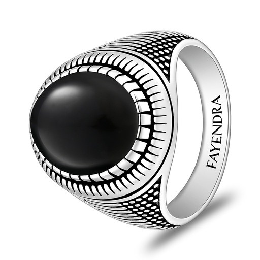 Sterling Silver 925 Ring Rhodium And Black Plated Embedded With Natural Black Agate Cabochon For Men