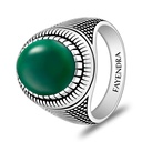 Sterling Silver 925 Ring Rhodium And Black Plated Embedded With Green Agate Cabochon For Men