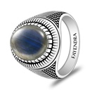 Sterling Silver 925 Ring Rhodium And Black Plated Embedded With Labradorite Opal Cabochon For Men