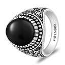 Sterling Silver 925 Ring Rhodium And Black Plated Embedded With Natural Black Agate Cabochon For Men