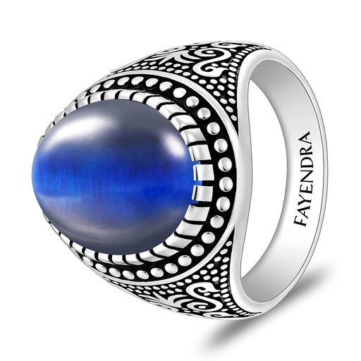 Sterling Silver 925 Ring Rhodium And Black Plated Embedded With Blue Tiger Eye Cabochon For Men