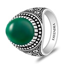 Sterling Silver 925 Ring Rhodium And Black Plated Embedded With Green Agate Cabochon For Men